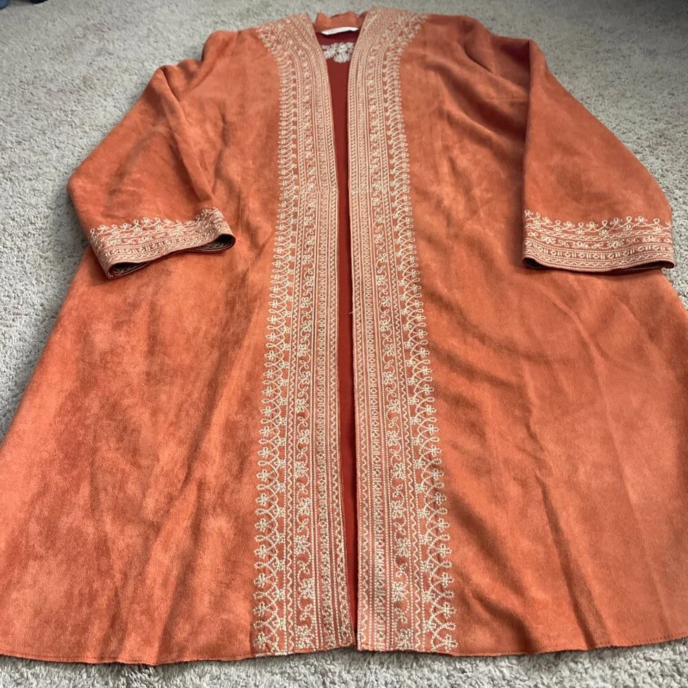 Soft Surroundings Jacket Womens XL Orange Long Embroidered Boho Festival Sueded - Picture 2 of 8